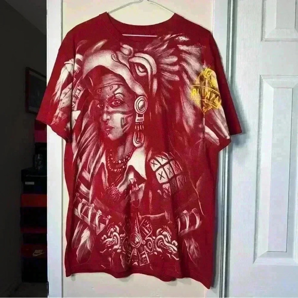 🔥VTG  All Over Prints Indian T-shirt Size large red/white Mexico SACBE RIVIERA - Picture 1 of 8